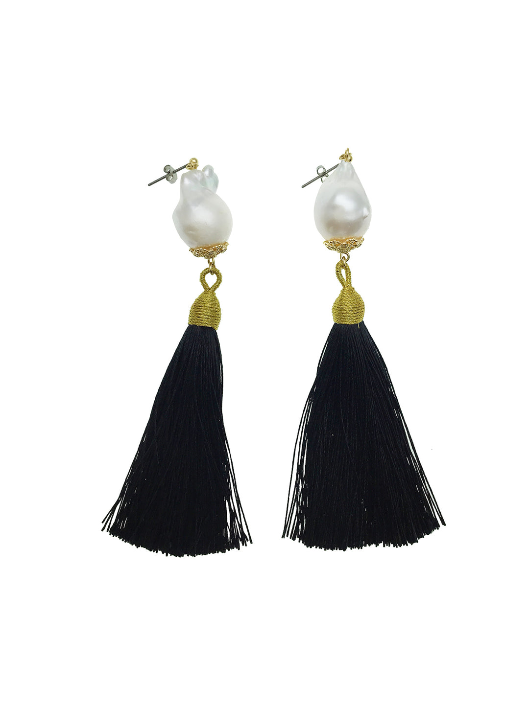 Baroque Pearl With Black Tassel Earrings CE041 - FARRA