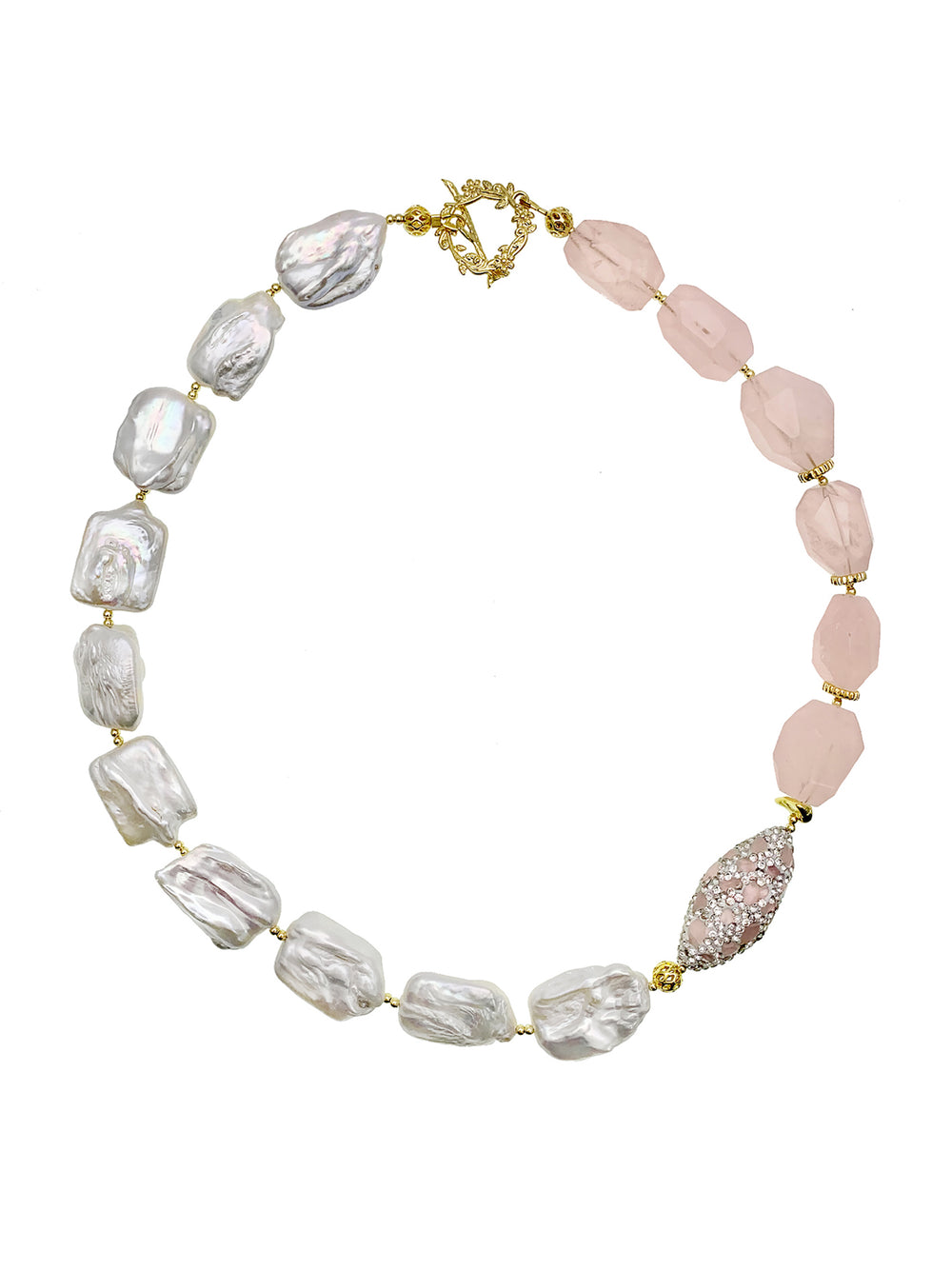 Rectangular Freshwater Pearls With Rose Quartz Necklace EN028 - FARRA
