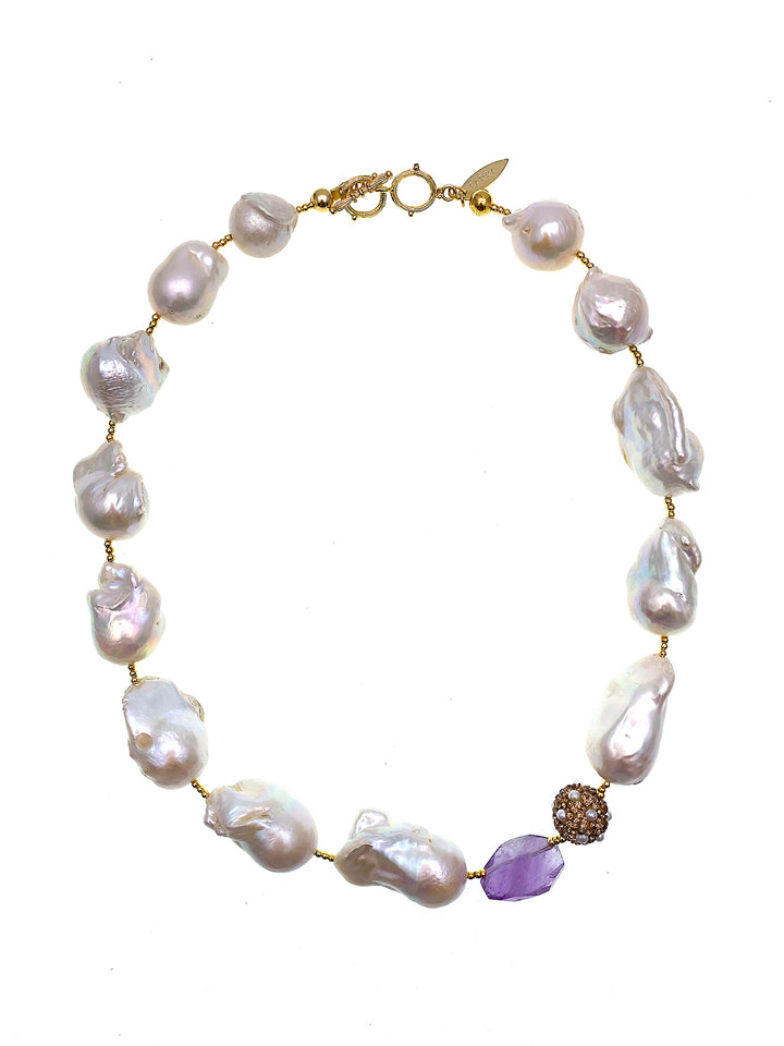 Natural Baroque Pearl With Amethyst Short Necklace FN016 - FARRA