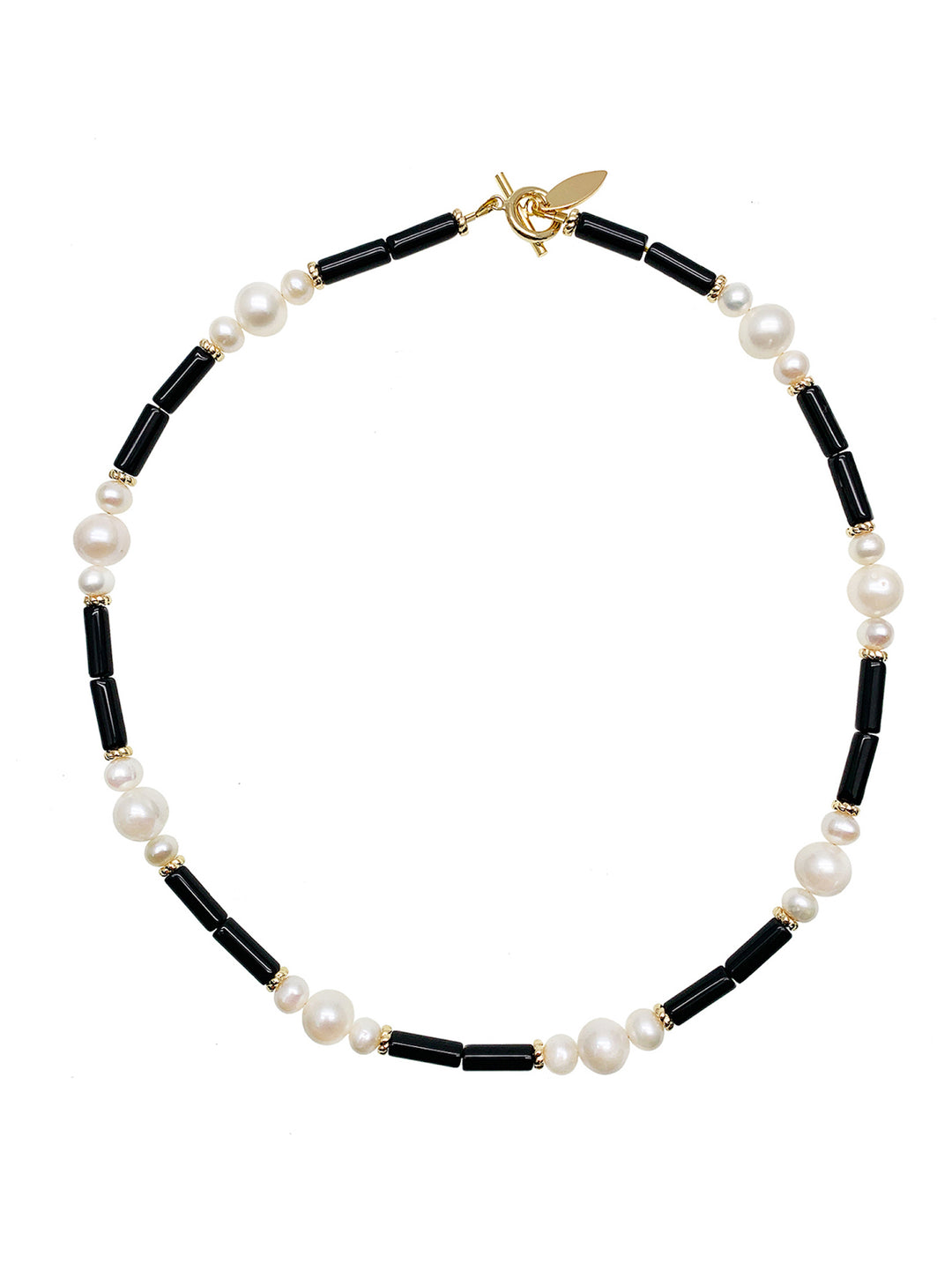 Tube Black Agate With White Pearls Short Necklace HN041 - FARRA
