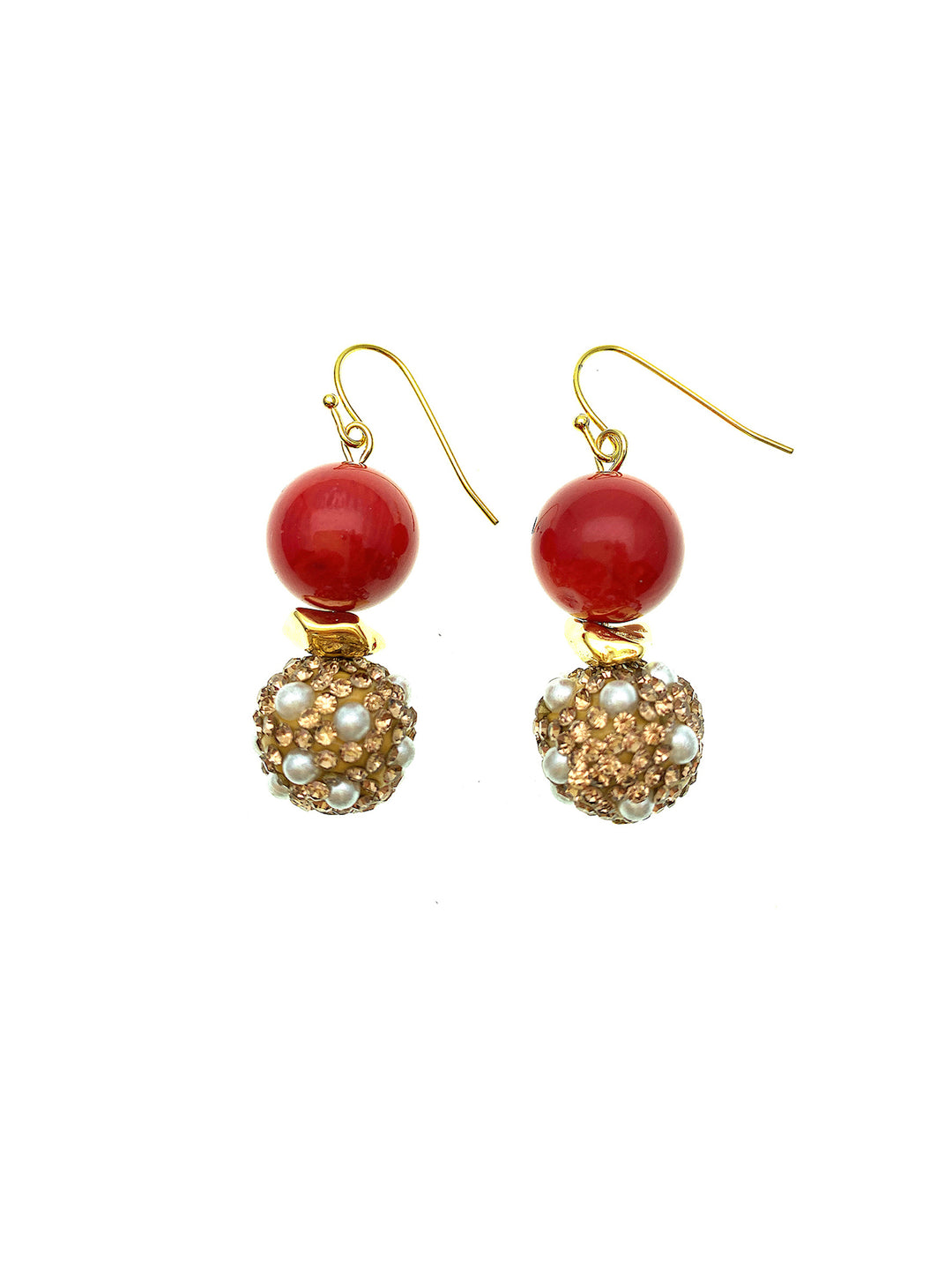Red Coral With Rhinestones Bordered Pearls Earrings FE006 - FARRA