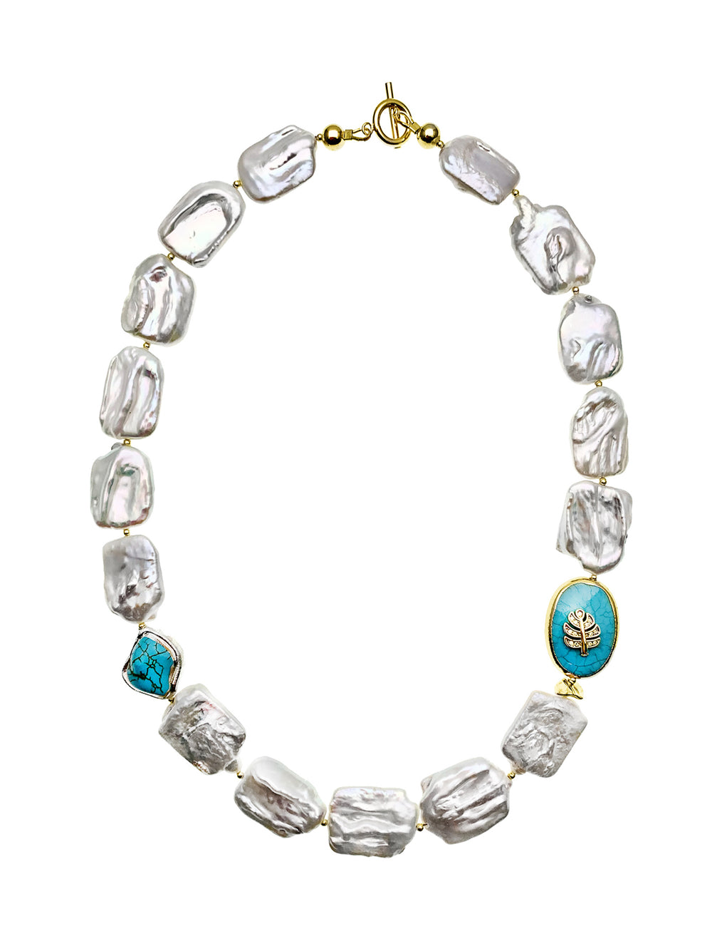 Rectangle Freshwater Pearls With Turquoise Stones Short Necklace EN011 - FARRA