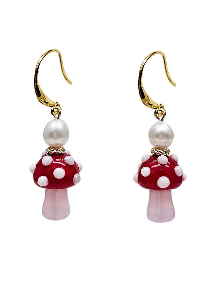 Red Mushroom and Freshwater Pearl Playful Earrings PE031