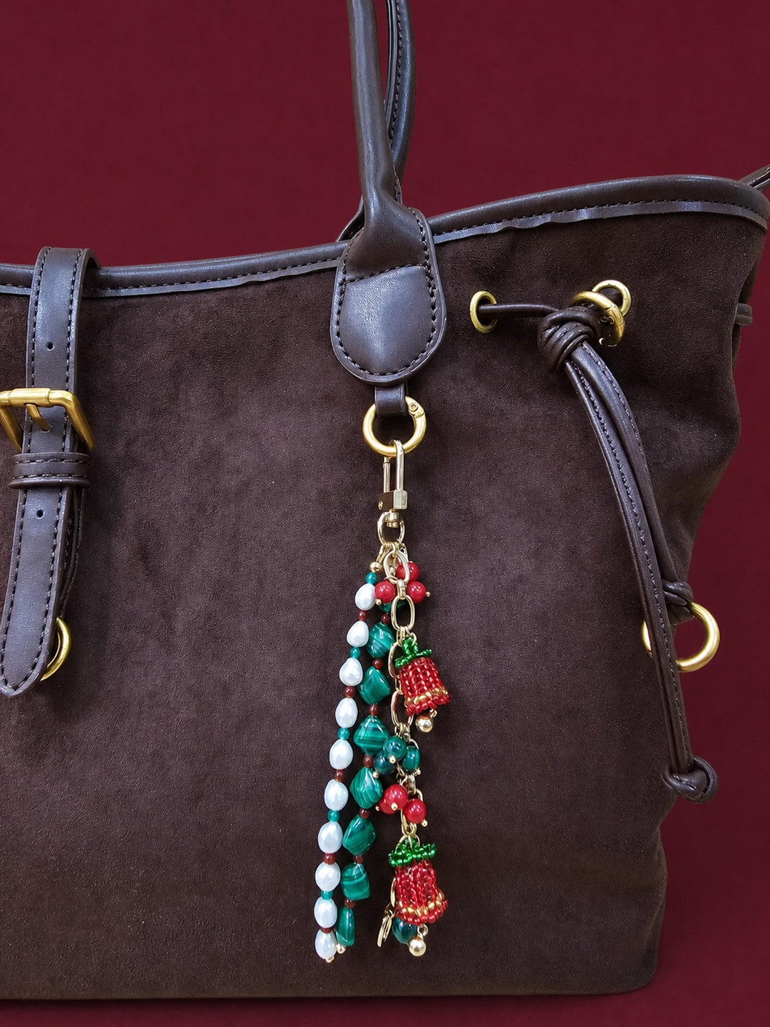 Christmas Bell Malachite And Bamboo Coral And Pearls Tassel Phone Strap / Bag Charm PC109