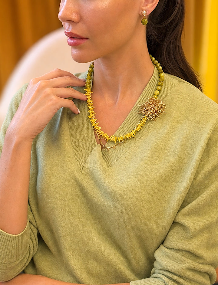 Boho Chic Green Opal And Yellow Bamboo Coral With Removable Pin Necklace SN033