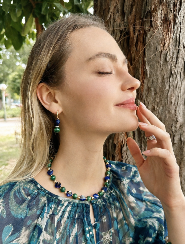 Heart-Shaped Lapis with Round Malachite Statement Necklace LN048