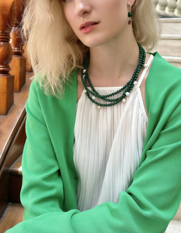 Collier triple brins malachite et perles d'eau douce KN028