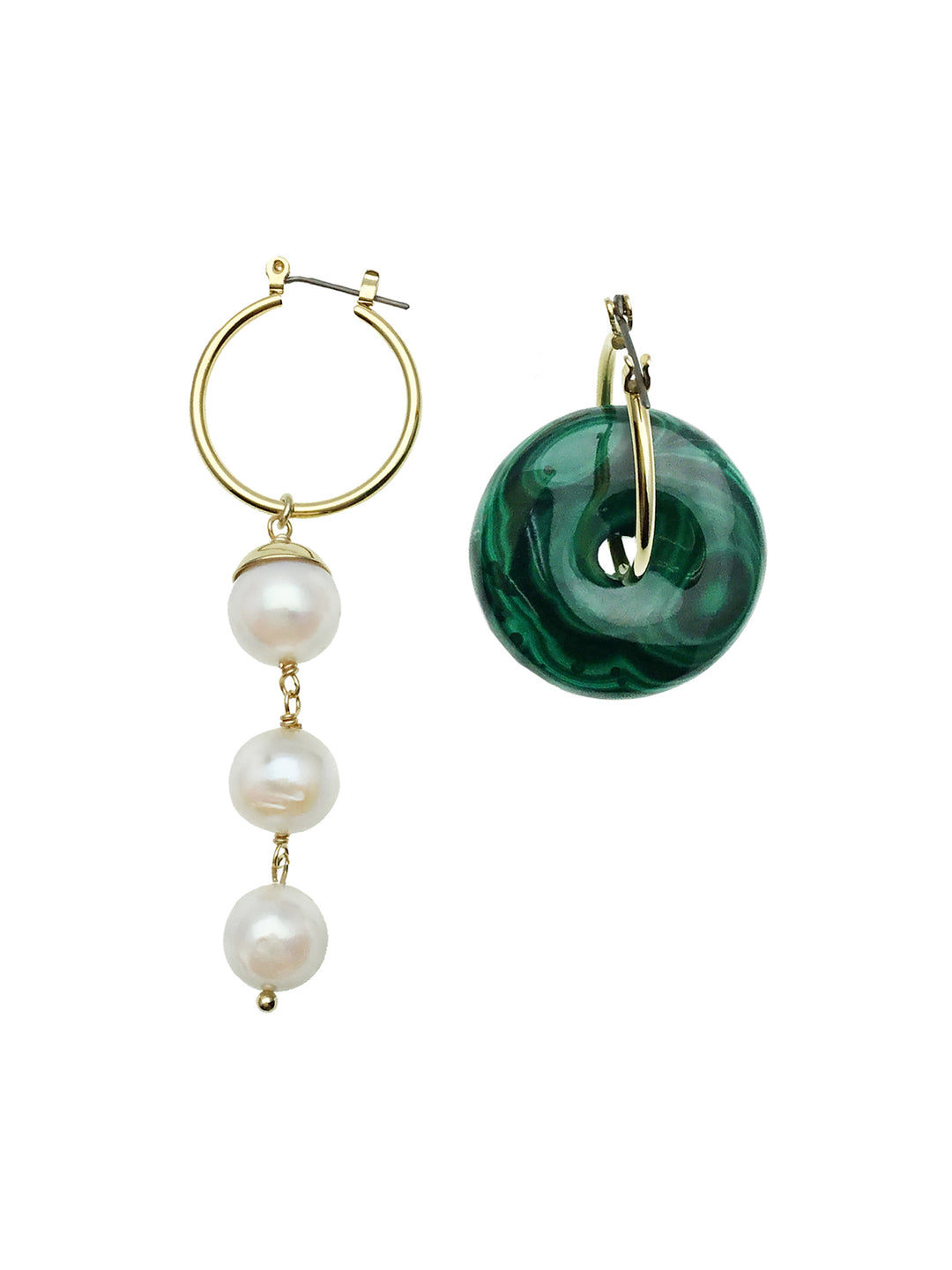 Donut Shaped Malachite & Freshwater Pearls Asymmetric Earrings CE033 - FARRA