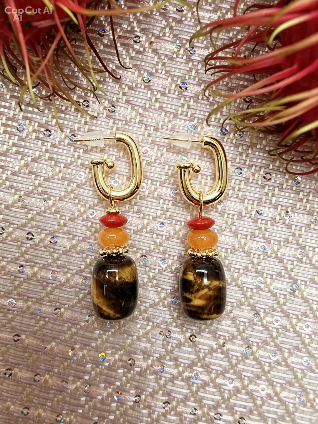 Tiger-eye Stone With Orange Aventurine Red Coral Hoop Earrings SE003