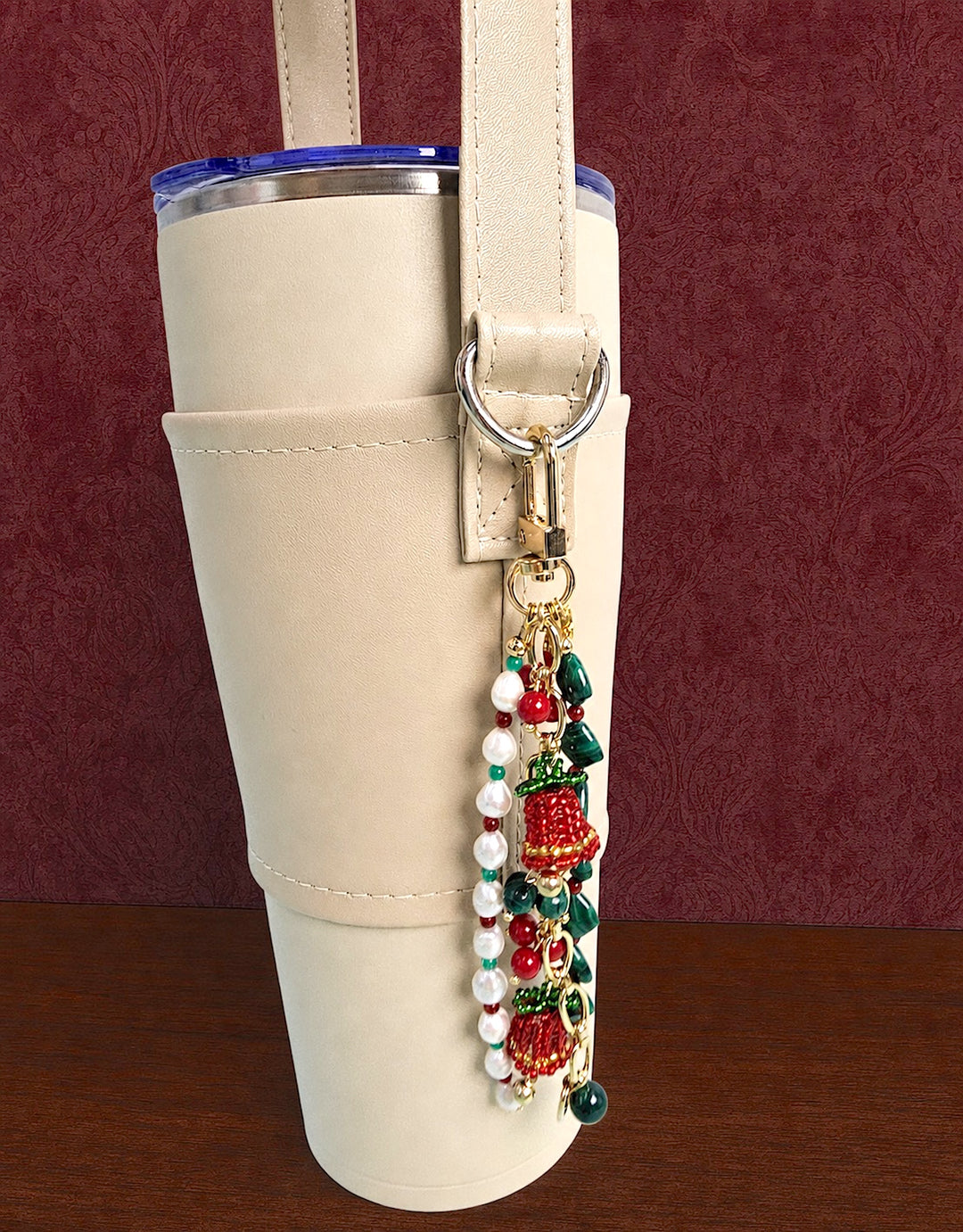 Christmas Bell Malachite And Bamboo Coral And Pearls Tassel Phone Strap / Bag Charm PC109