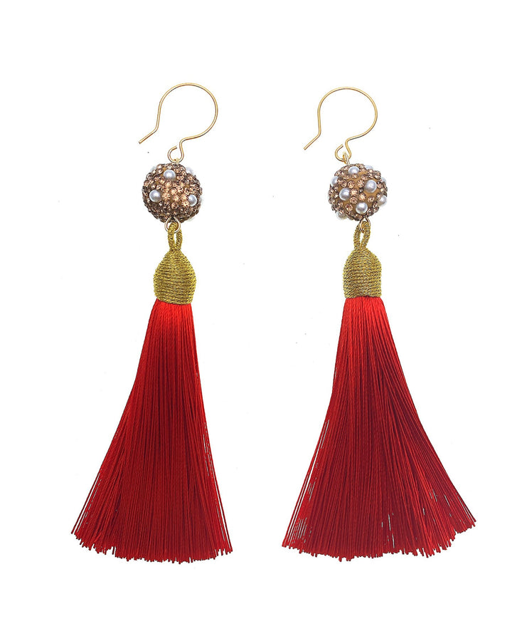 Rhinestones Bordered Freshwater Pearls Red Tassels Earrings FE033 - FARRA