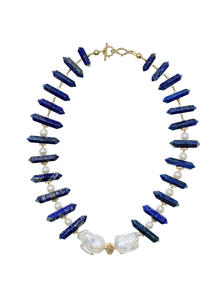 Lapis With Baroque Pearls Stylish Necklace EN020 - FARRA