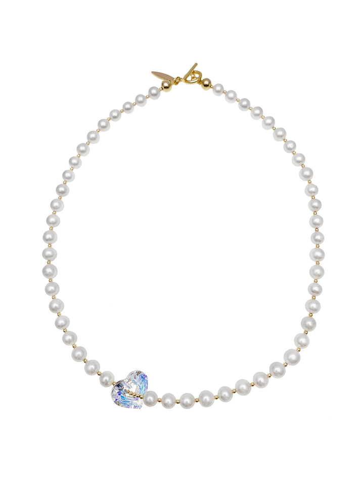 Freshwater Pearls With Swarovski Crystal Heart Charm Short Necklace EN043 - FARRA