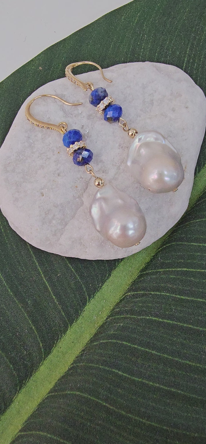 Elegance Baroque Pearls With Lapis Dangle Earrings NE043