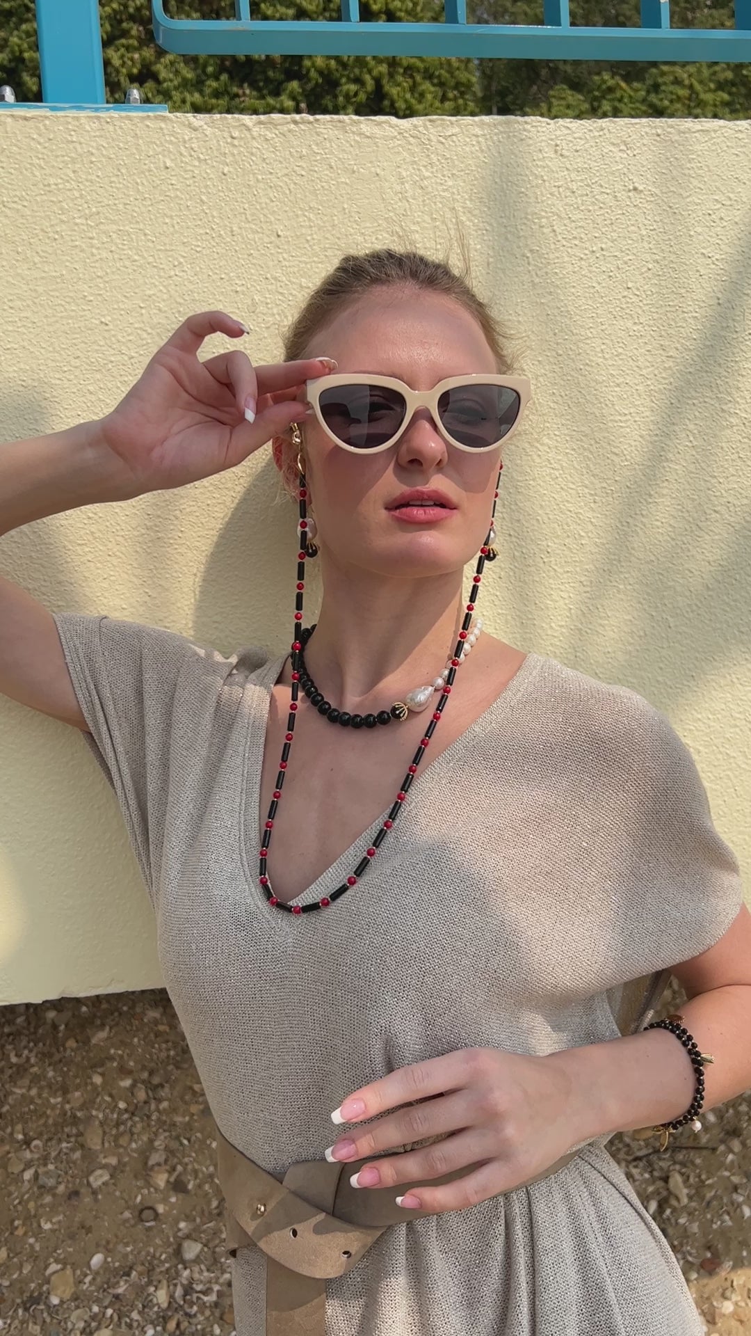 Black Obsidian With Red Coral Multi-Way Sunglasses Chain EC005