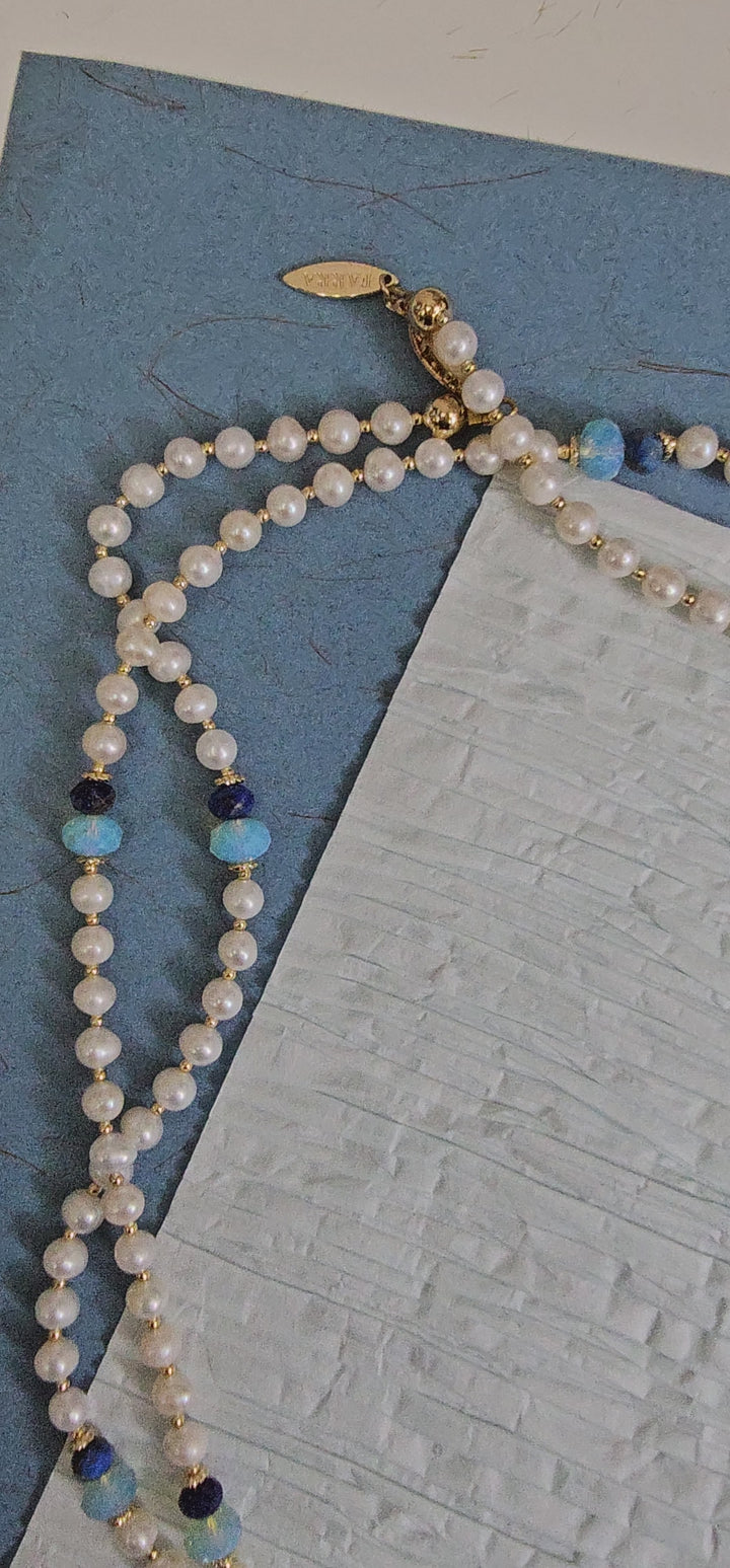 Freshwater Pearls With Lapis Opera Long Necklace NN049