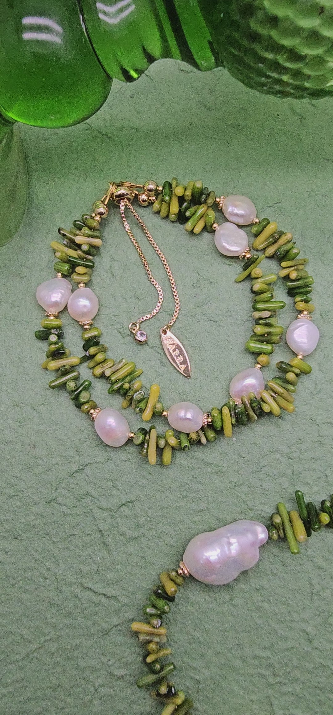 Green Bamboo Coral with Baroque Pearls Necklace QN011