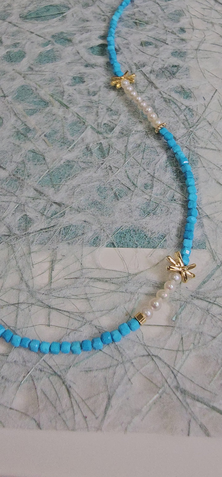 Natural Blue Turquoise Minimalist Long Necklace NN043