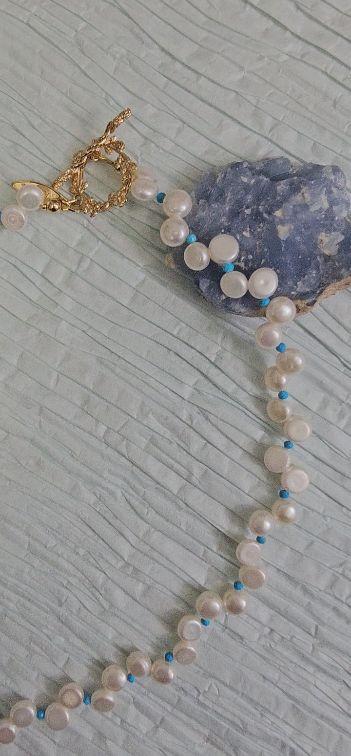 Flower Petal Freshwater Pearls With Blue Turquoise Choker NN044