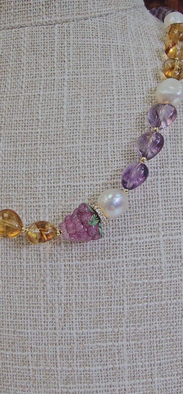 Heart Citrine And Amethyst With Raspberry And Pearls Necklace NN016