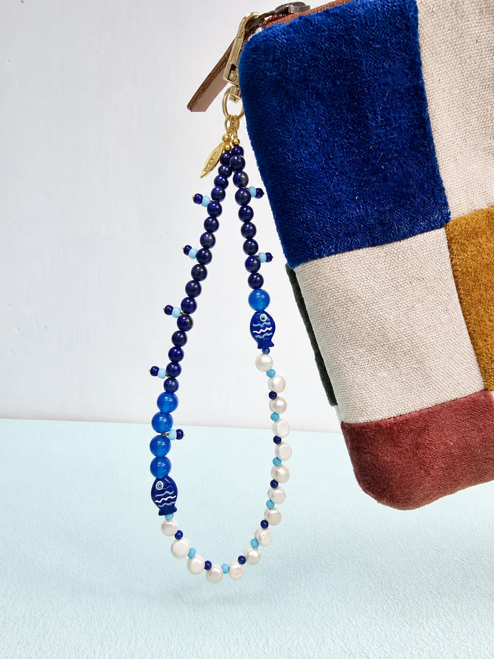 Ocean Story Lapis Lazuli Freshwater Pearl With Fish Phone Strap PC138