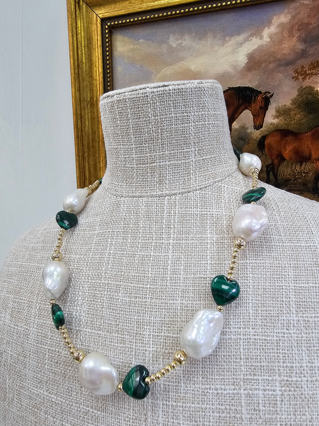 Baroque Pearls With Heart Shaped Malachite Necklace NN032