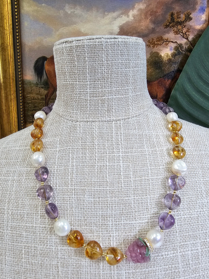 Heart Citrine And Amethyst With Raspberry And Pearls Necklace NN016