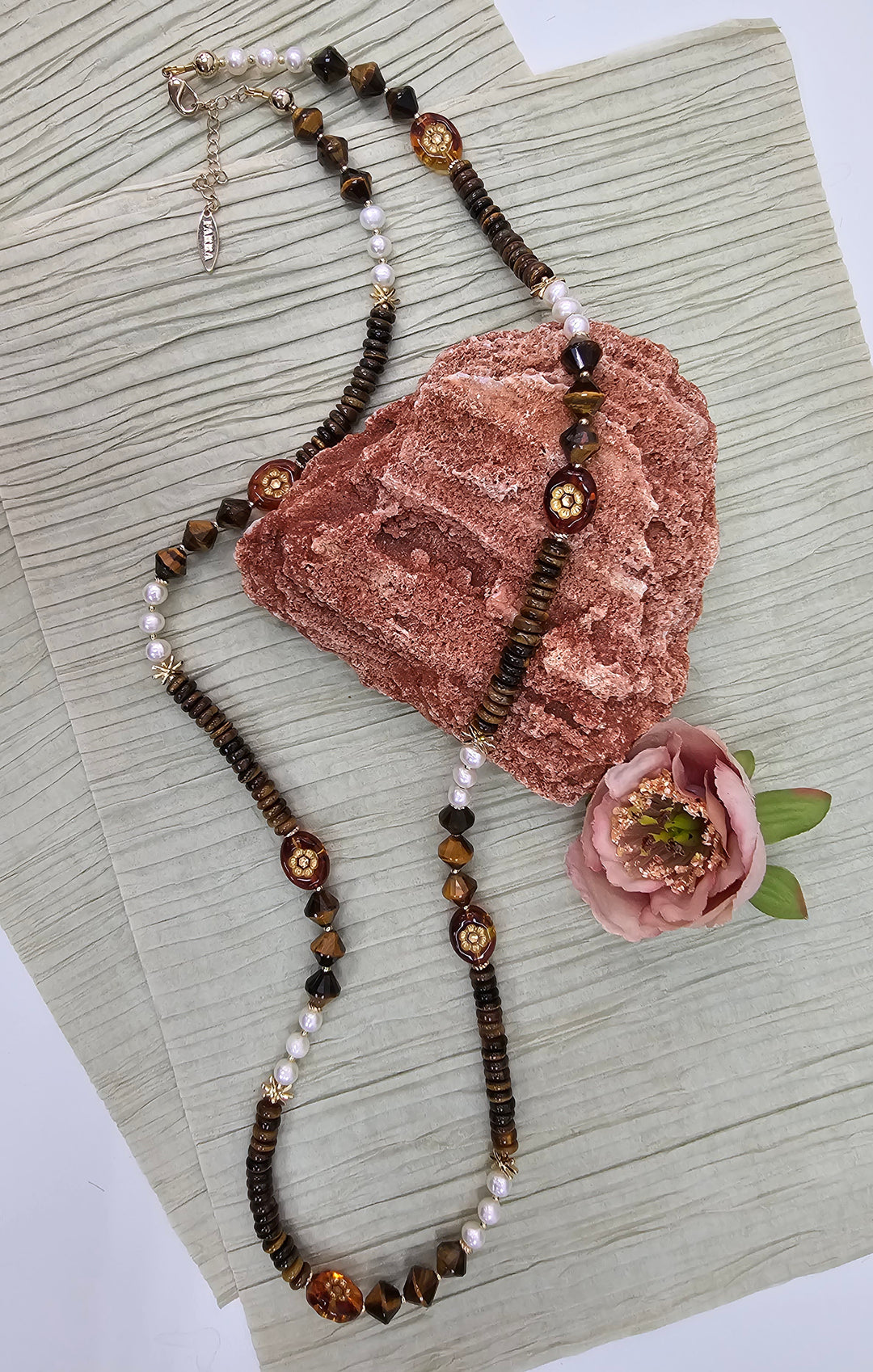 Vintage Style Tiger Eye With Freshwater Pearls Long Necklace NN027