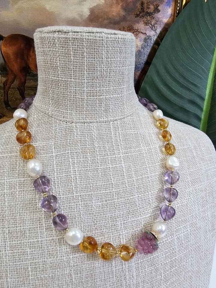 Heart Citrine And Amethyst With Raspberry And Pearls Necklace NN016