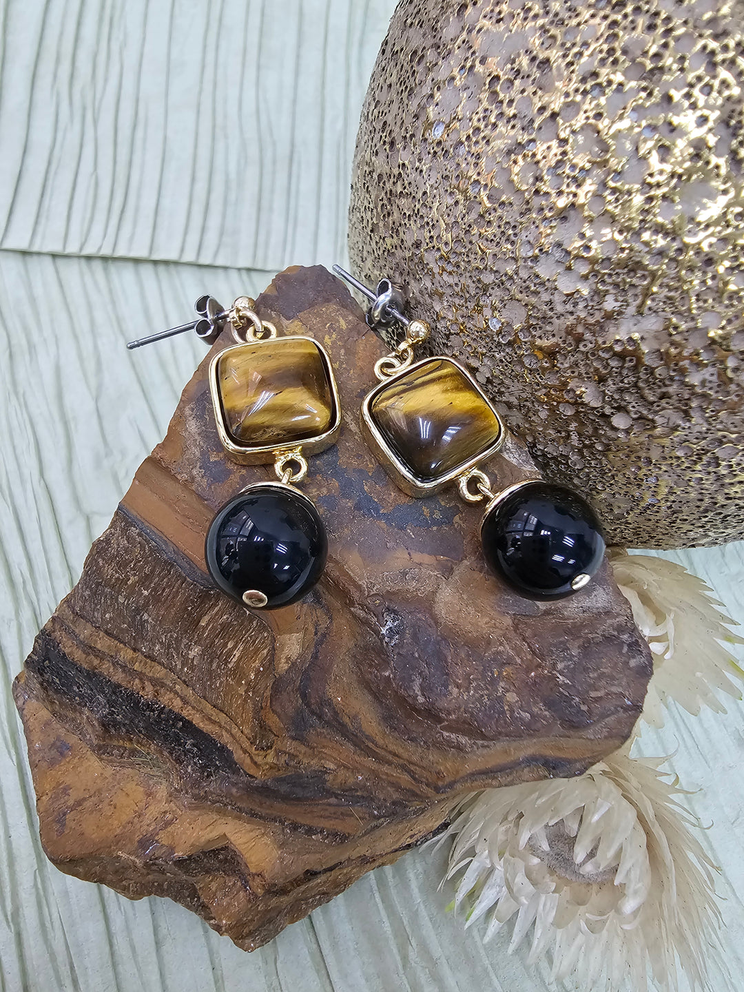 Tiger-eye Stone With Black Obsidian Minimalist Earrings NE001