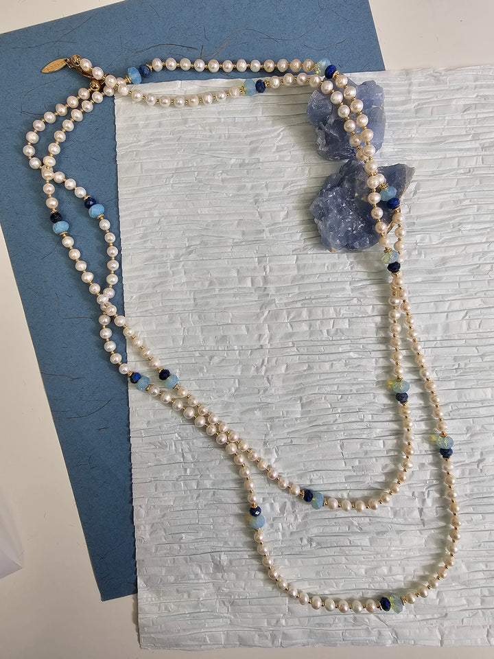 Freshwater Pearls With Lapis Opera Long Necklace NN049