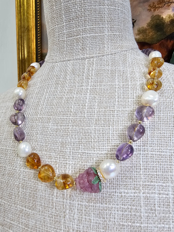 Heart Citrine And Amethyst With Raspberry And Pearls Necklace NN016