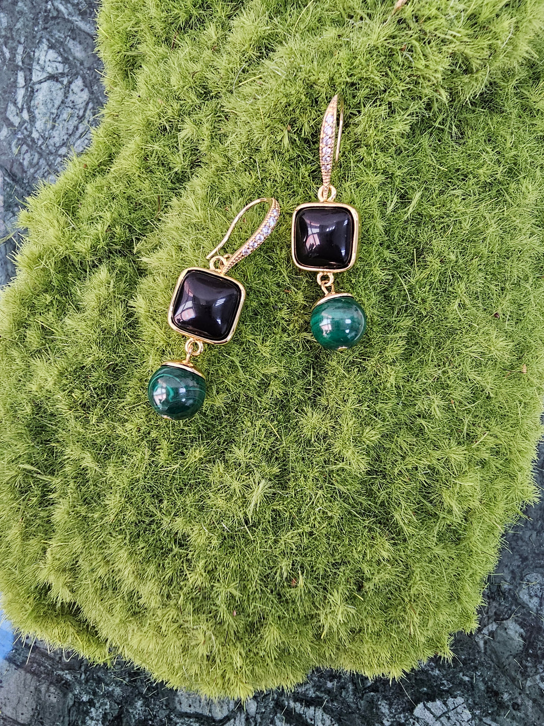 Square Black Obsidian With Malachite Earrings NE026