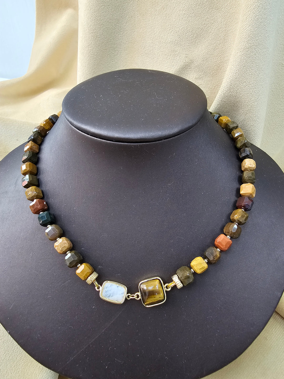 Cube Shaped Tiger Eye With Moonstone Necklace NN029