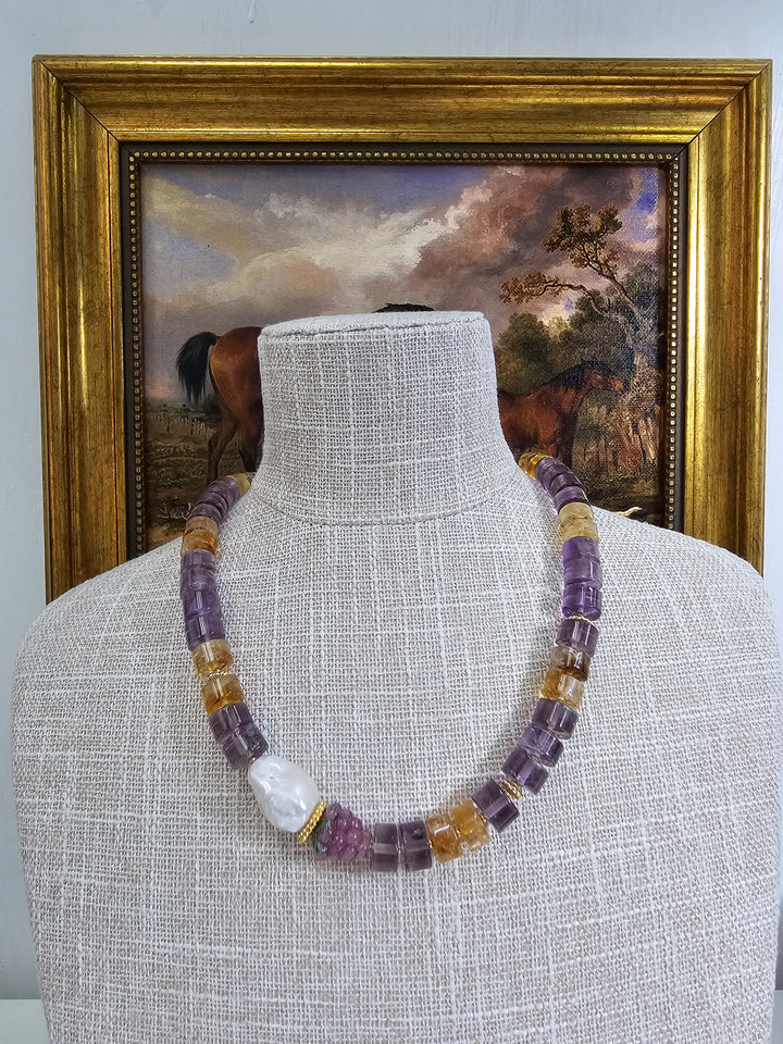 Citrine & Amethyst With Baroque Peals Necklace NN019