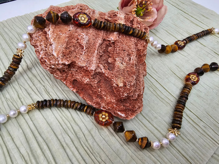 Vintage Style Tiger Eye With Freshwater Pearls Long Necklace NN027