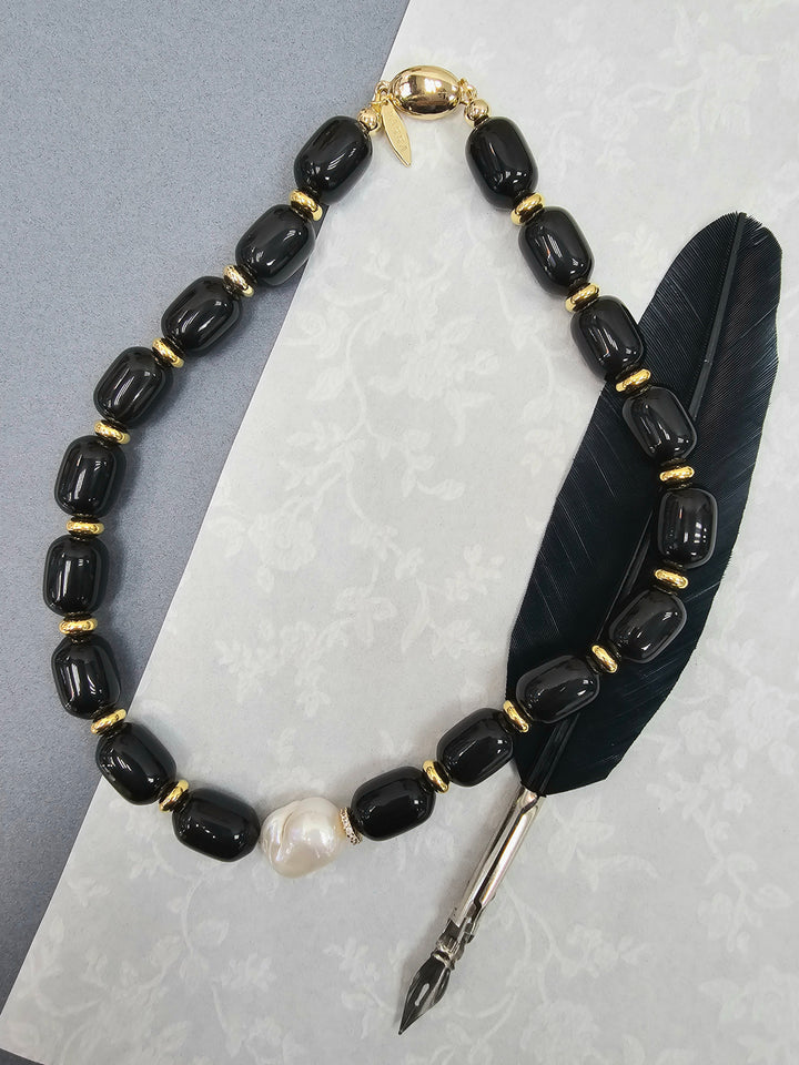 Black Obsidian With Baroque Pearl Pendant Necklace NN004