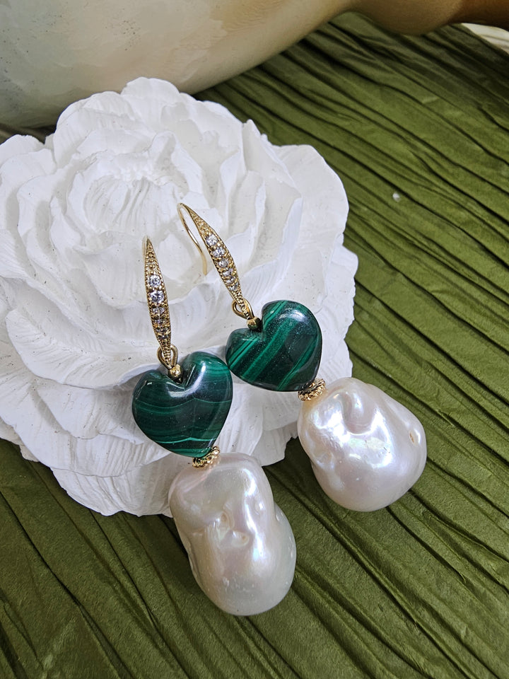 Natural Baroque Pearls With Heart Malachite Earrings NE028