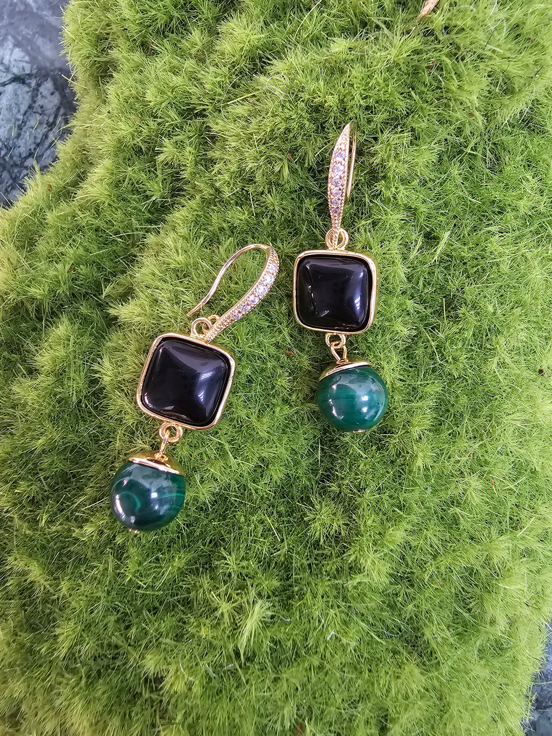 Square Black Obsidian With Malachite Earrings NE026