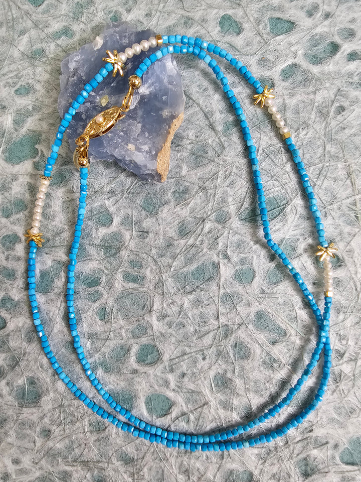 Natural Blue Turquoise Minimalist Long Necklace NN043