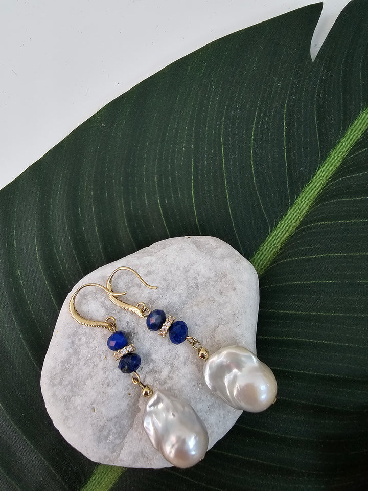 Elegance Baroque Pearls With Lapis Dangle Earrings NE043