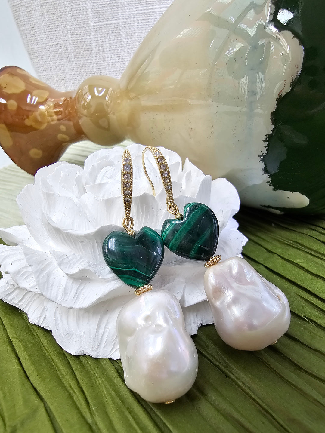 Natural Baroque Pearls With Heart Malachite Earrings NE028