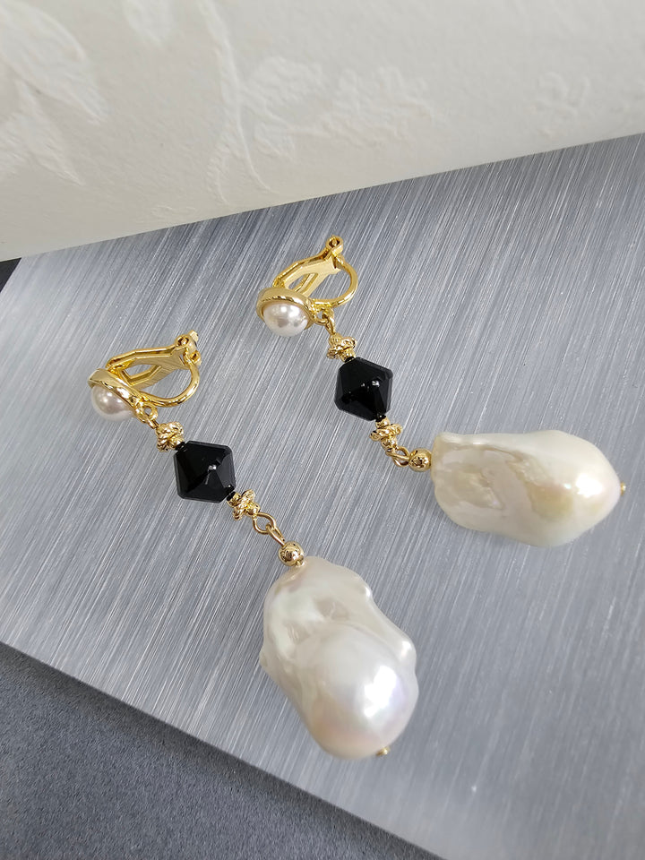 Baroque Pearls With Black Obsidian Clip-on Earrings NE007