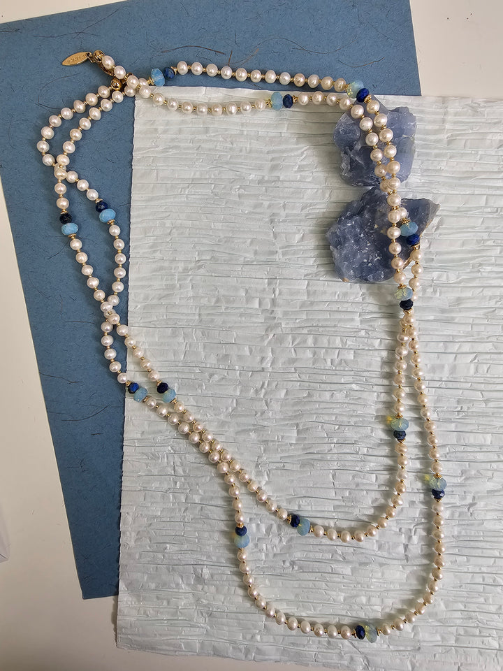 Freshwater Pearls With Lapis Opera Long Necklace NN049