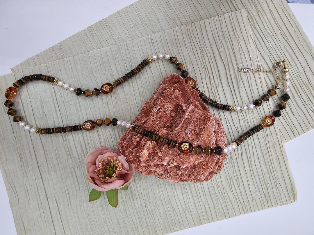 Vintage Style Tiger Eye With Freshwater Pearls Long Necklace NN027