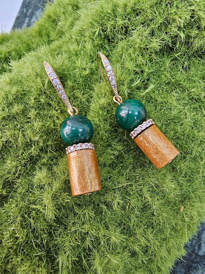 Golden Coral With Malachite Dangle Earrings NE033