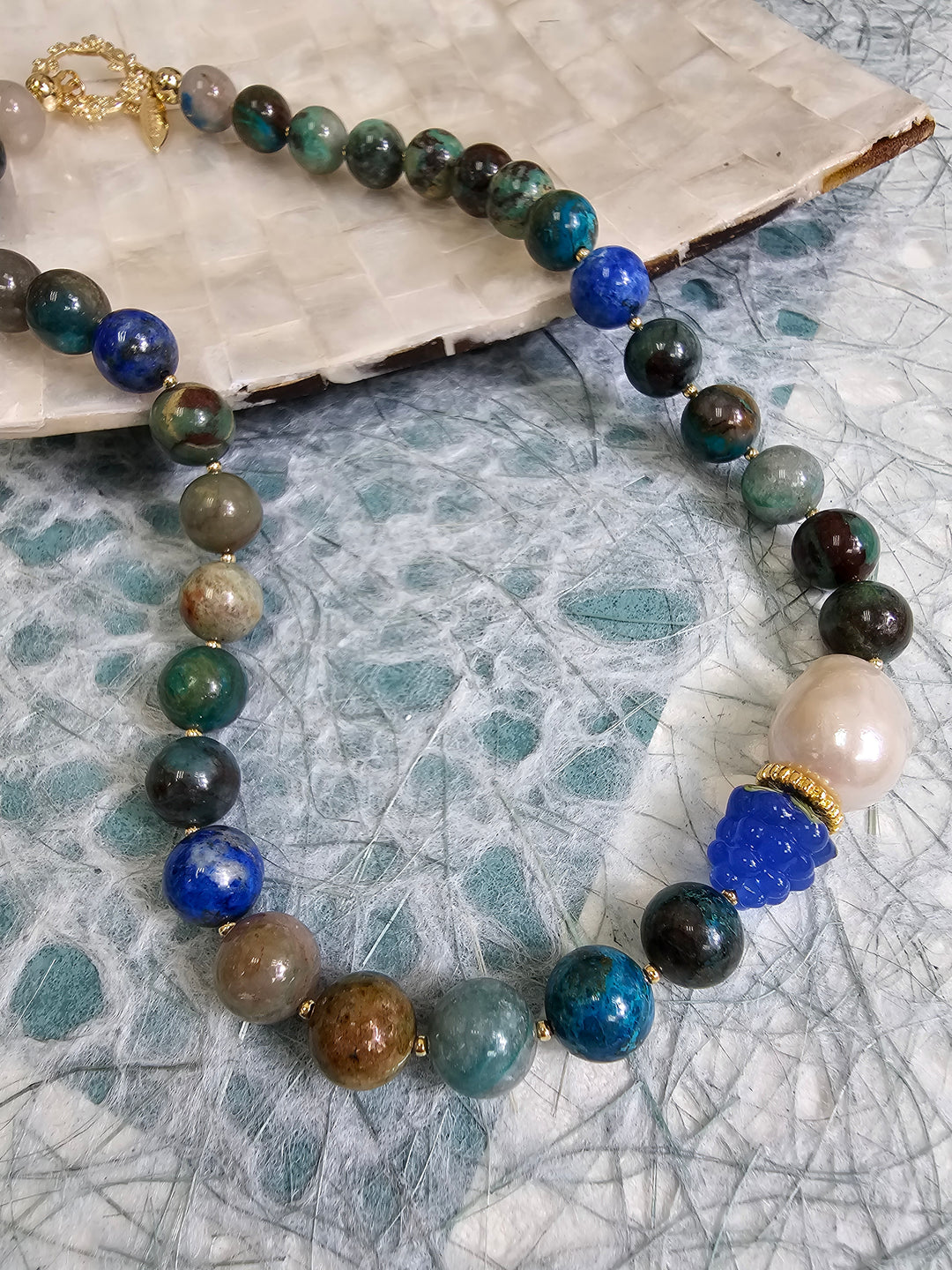 Phoenix Lapis With Baroque Pearl And Blue Raspberry Necklace NN031