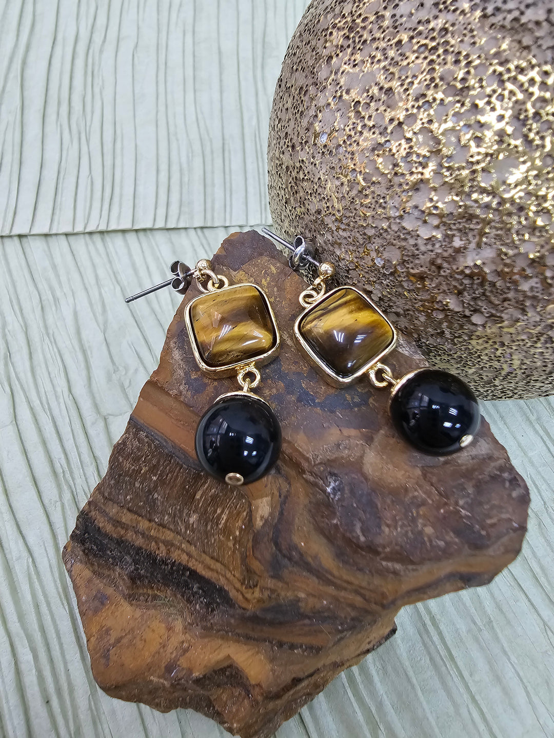 Tiger-eye Stone With Black Obsidian Minimalist Earrings NE001