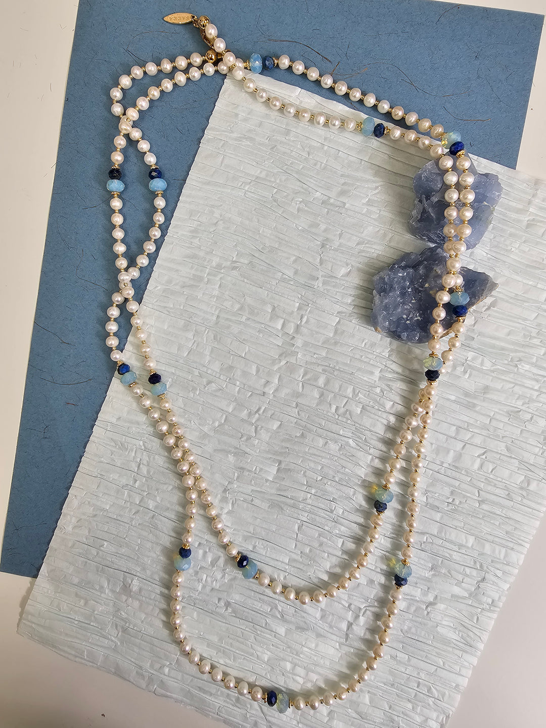 Freshwater Pearls With Lapis Opera Long Necklace NN049