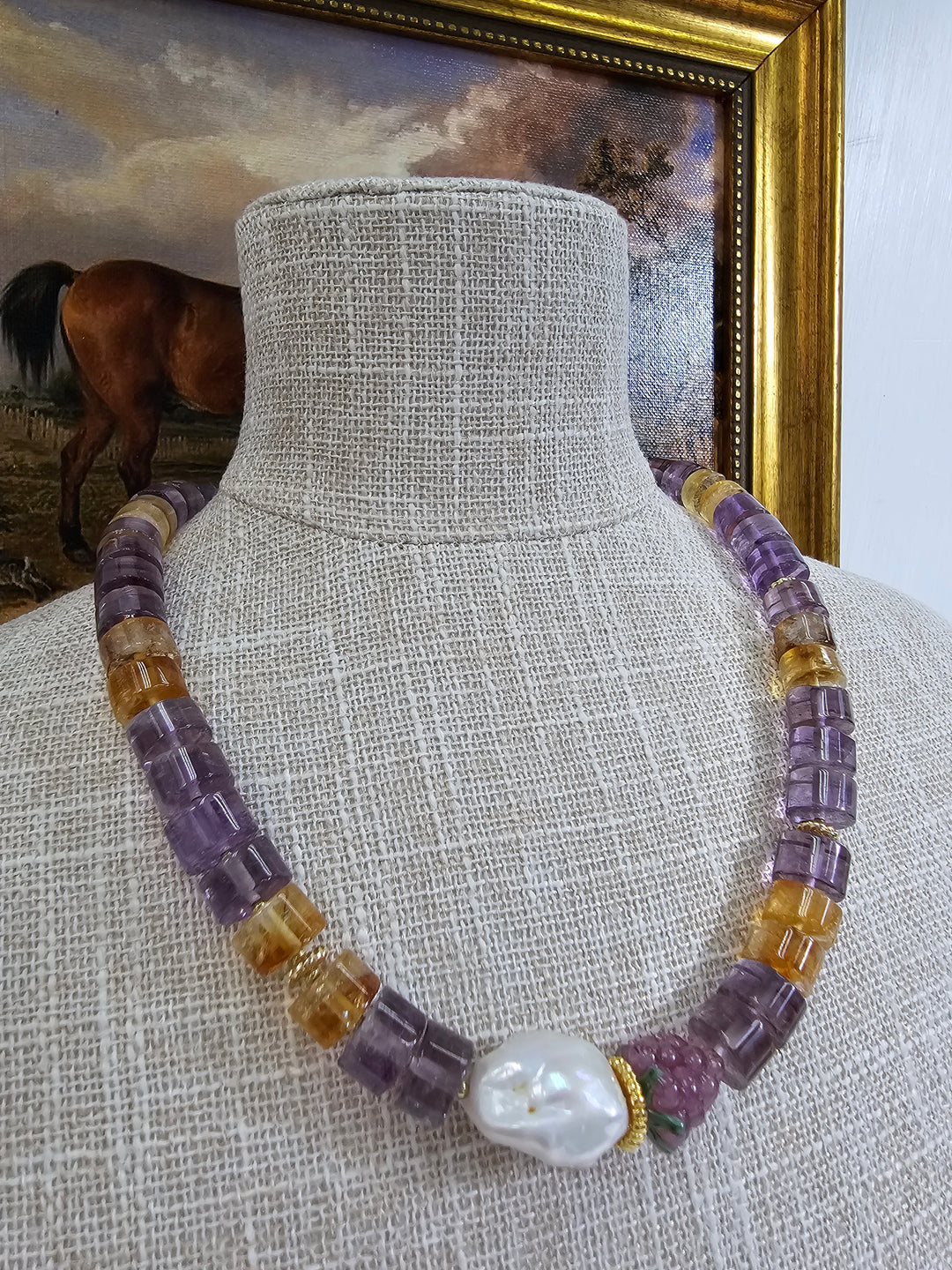 Citrine & Amethyst With Baroque Peals Necklace NN019